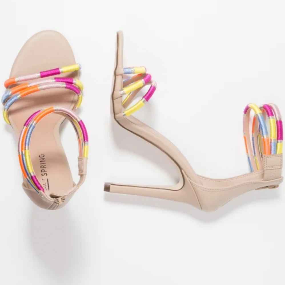 Shabby Chic Boho Tan Bold Neon Chartreuse Fuchsia Orange Blue Sandal Heels Rare